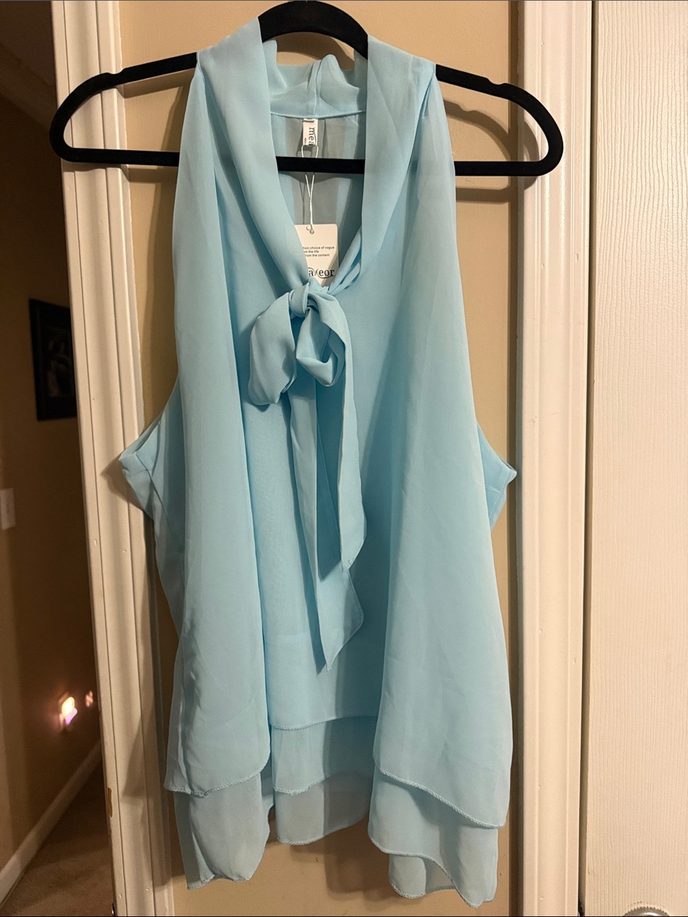 NWT Meaneor Light Blue Tie-Neck Chiffon Camisole with Layered Hem